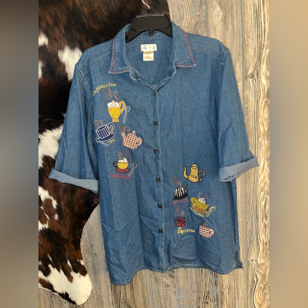 Vintage Bobbie Brooks size large blue jean button up coffee and tea shirt